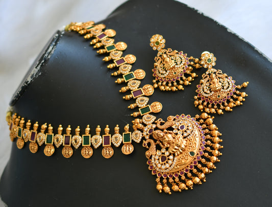 Matte finish white-ruby-emerald block stone Ram parivar-Lakshmi peacock necklace set dj-40353