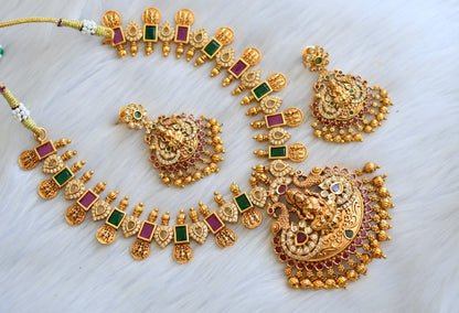 Matte finish white-ruby-emerald block stone Ram parivar-Lakshmi peacock necklace set dj-40353