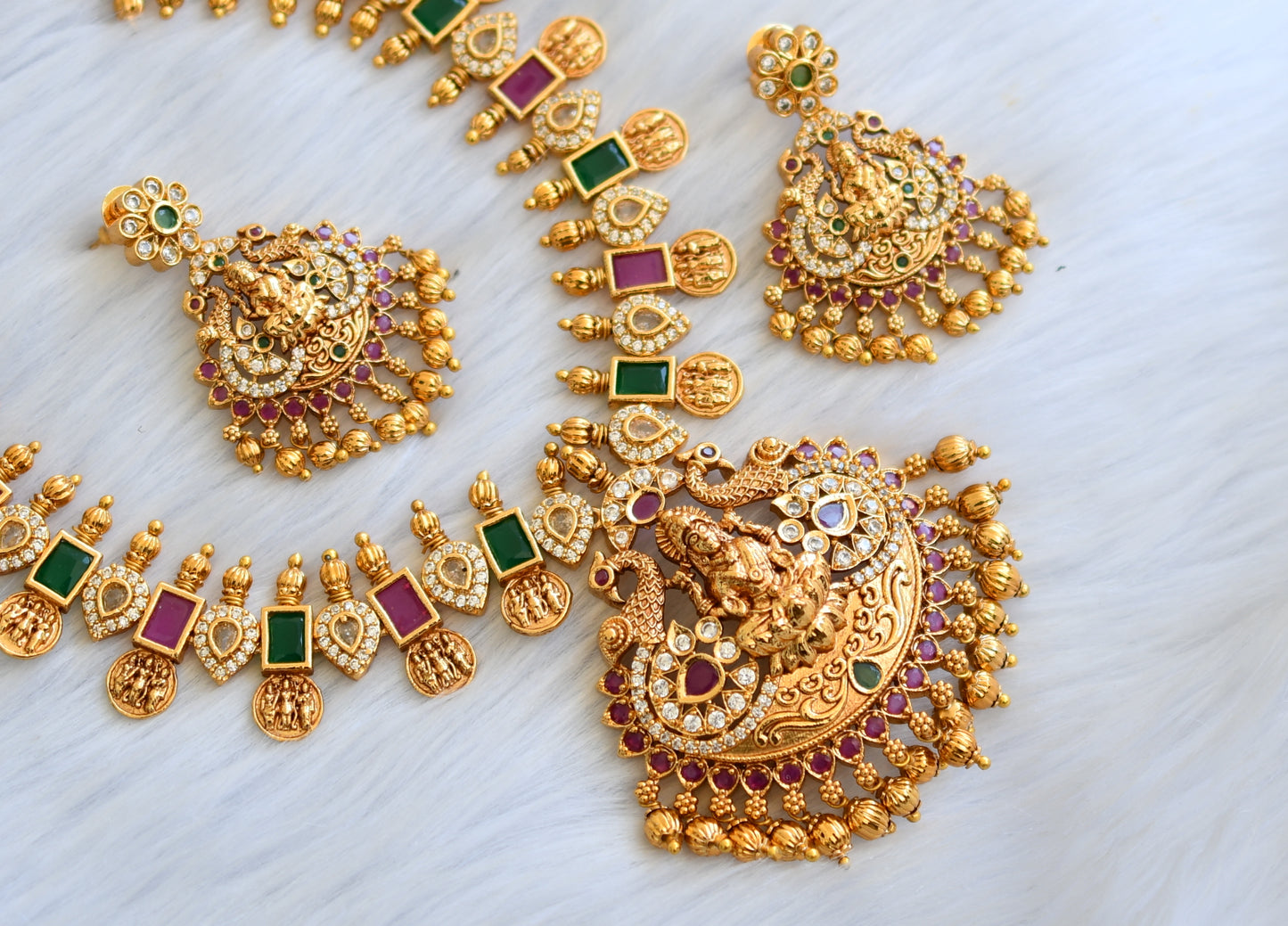 Matte finish white-ruby-emerald block stone Ram parivar-Lakshmi peacock necklace set dj-40353