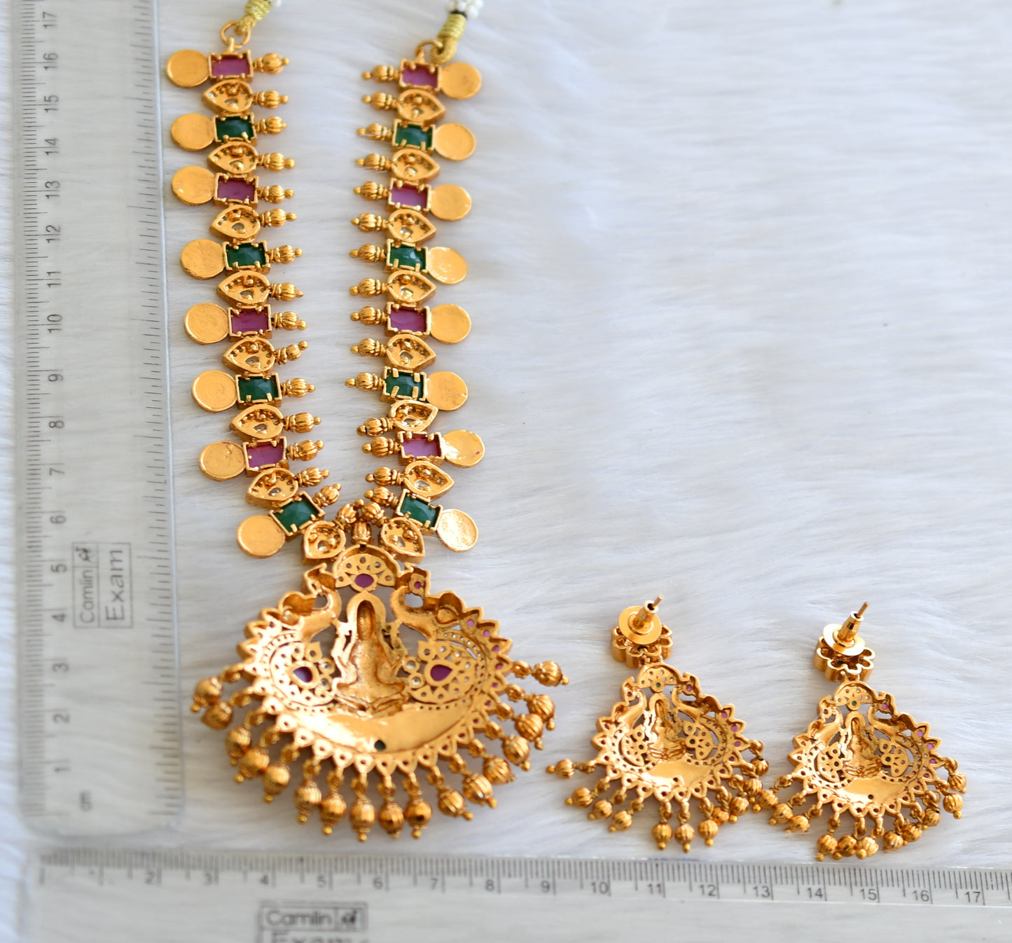 Matte finish white-ruby-emerald block stone Ram parivar-Lakshmi peacock necklace set dj-40353