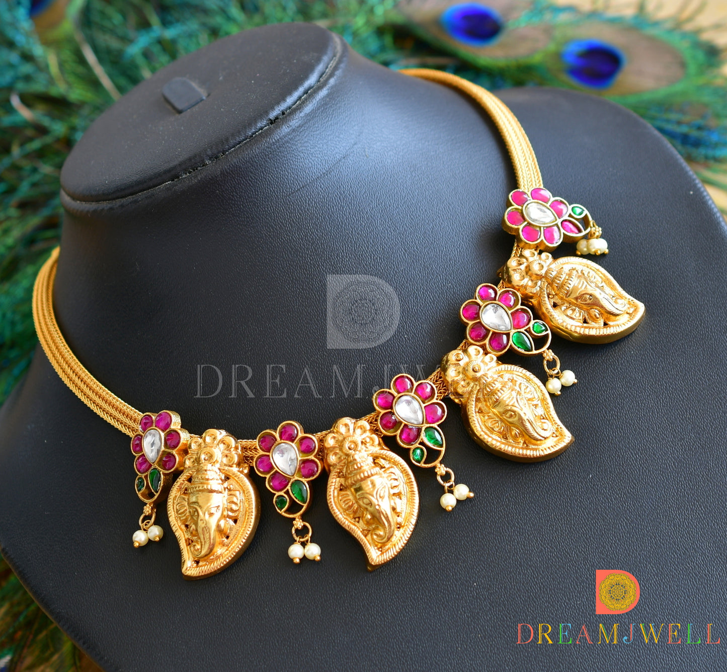Gold tone Pink-green-white kundan jadau Ganesha mango necklace dj-36554