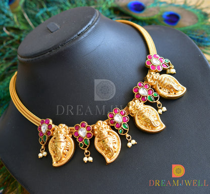 Gold tone Pink-green-white kundan jadau Ganesha mango necklace dj-36554