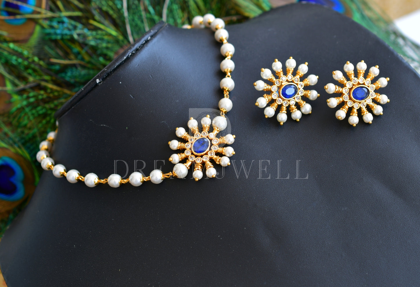 Gold tone blue pearl choker necklace set dj-35879