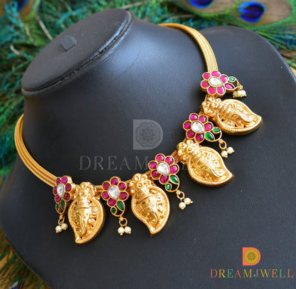 Gold tone Pink-green-white kundan jadau Ganesha mango necklace dj-36554