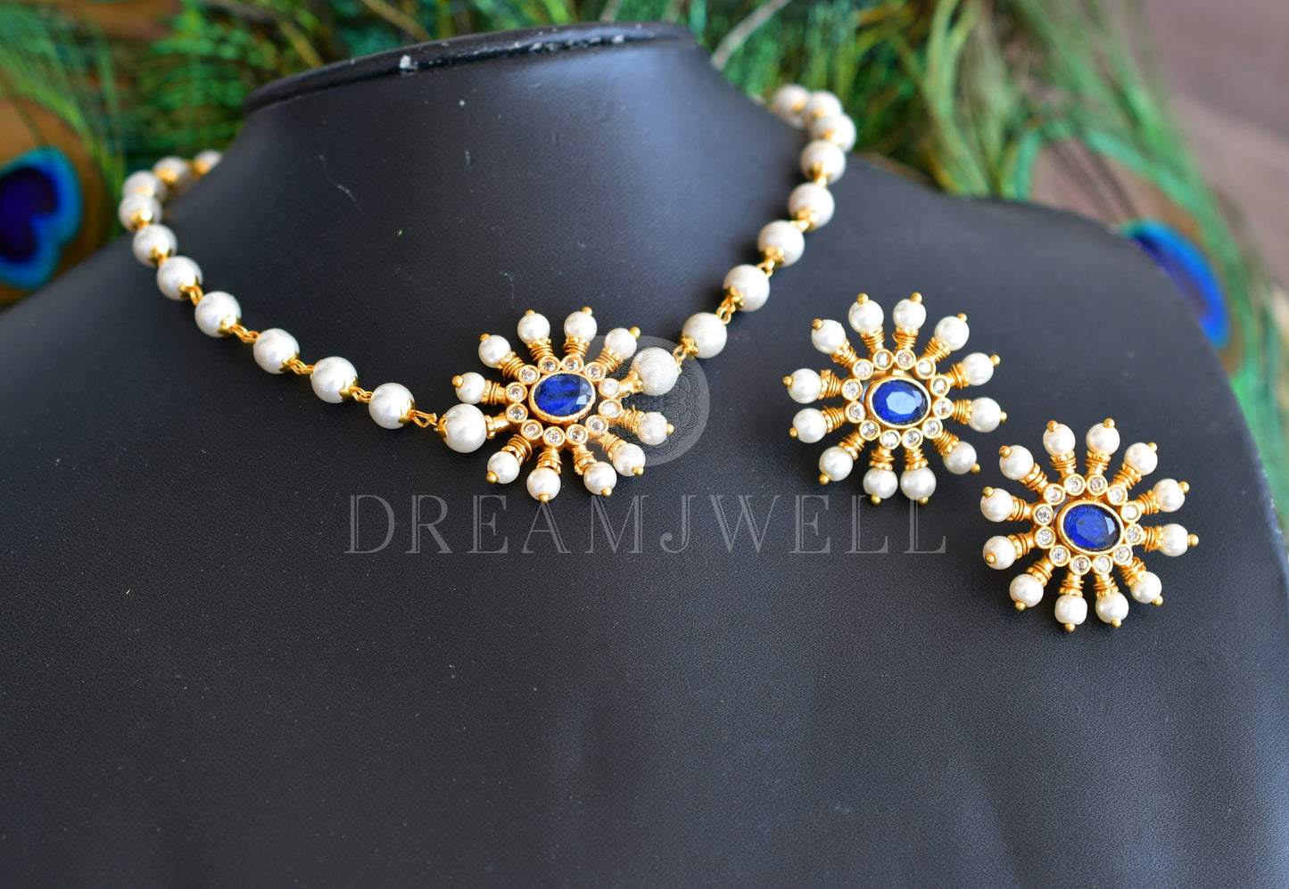 Gold tone blue pearl choker necklace set dj-35879