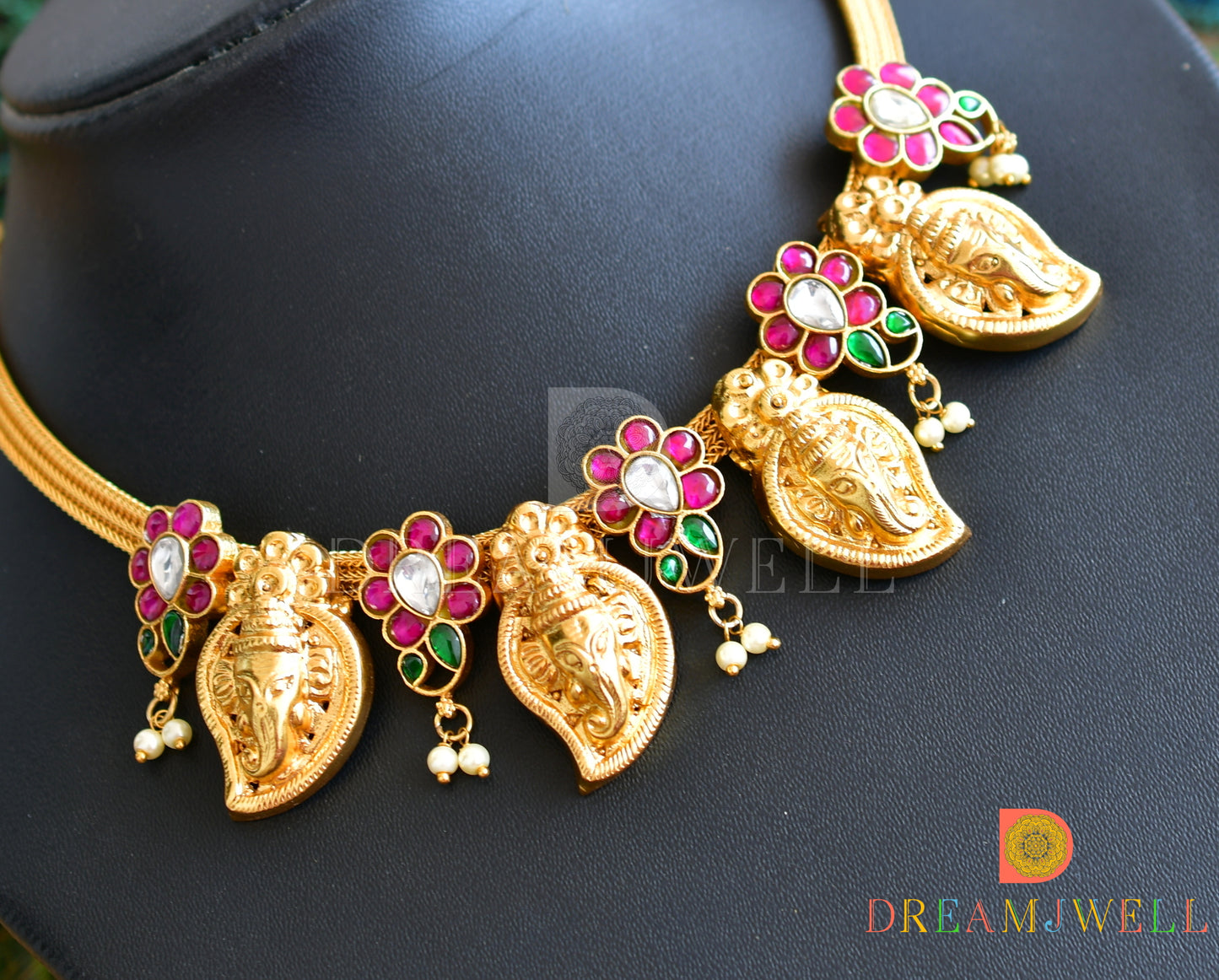 Gold tone Pink-green-white kundan jadau Ganesha mango necklace dj-36554