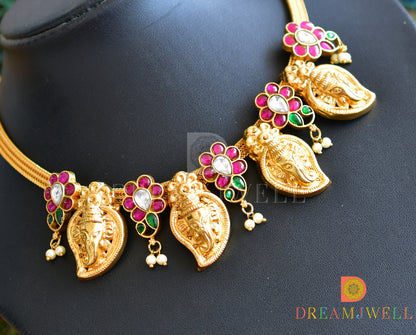 Gold tone Pink-green-white kundan jadau Ganesha mango necklace dj-36554
