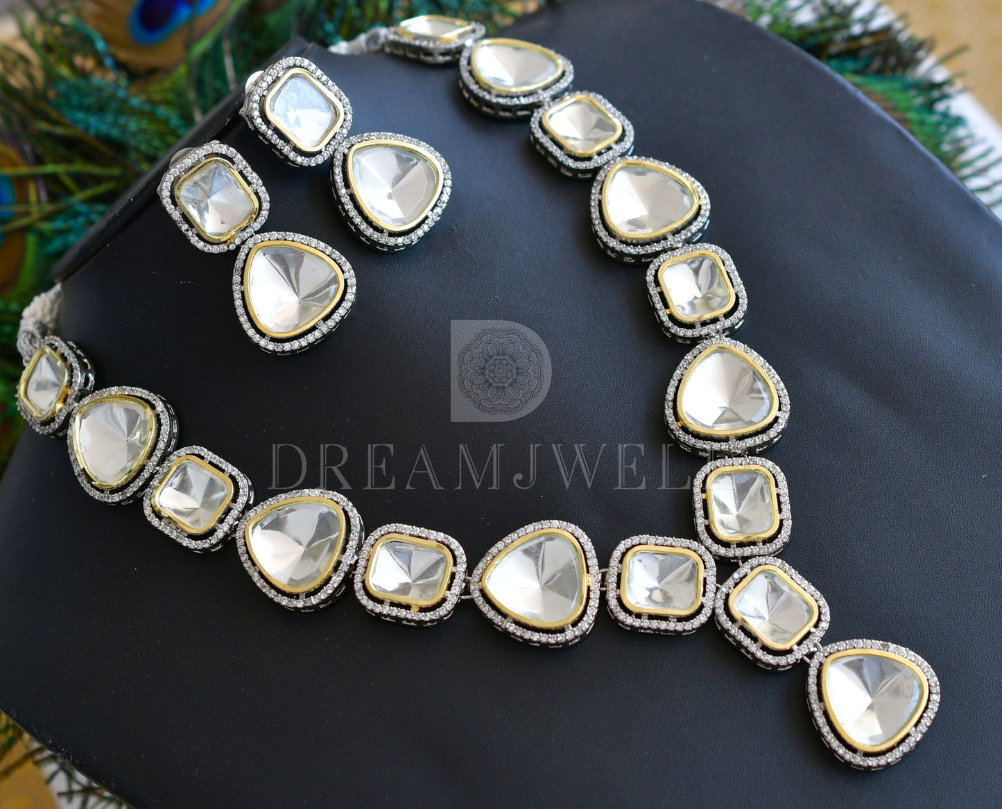 Two tone  CZ White Kundan stonenecklace set dj-35880