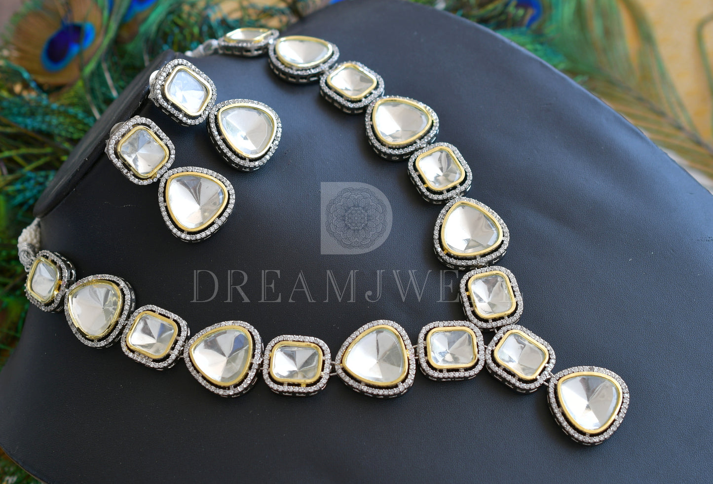 Two tone  CZ White Kundan stonenecklace set dj-35880