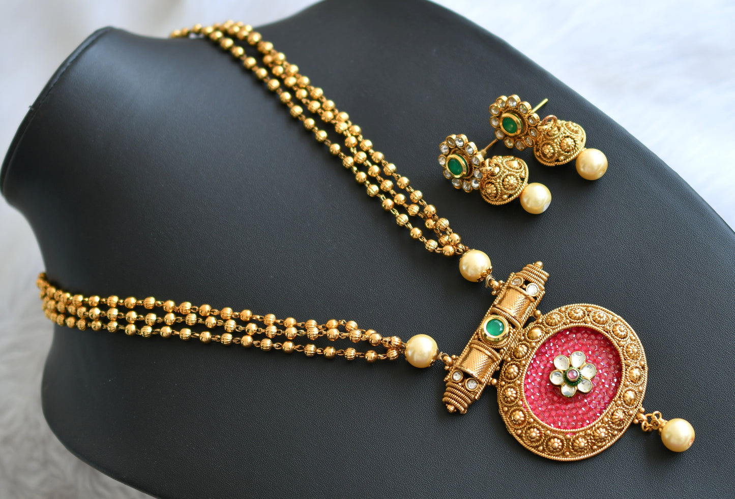 Antique gold tone transparent stone pink-green kundan necklace set dj-01629