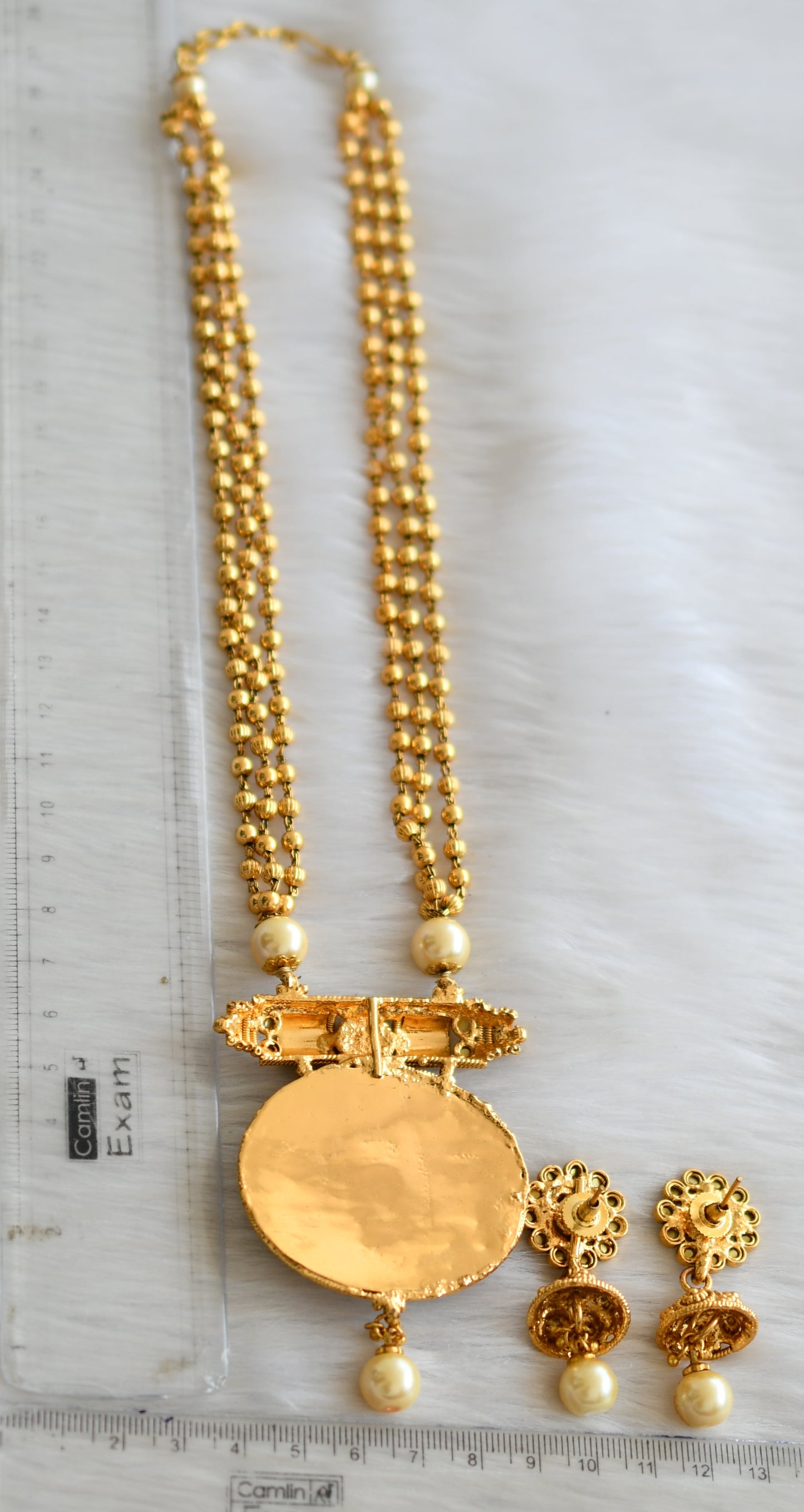 Antique gold tone transparent stone pink-green kundan necklace set dj-01629