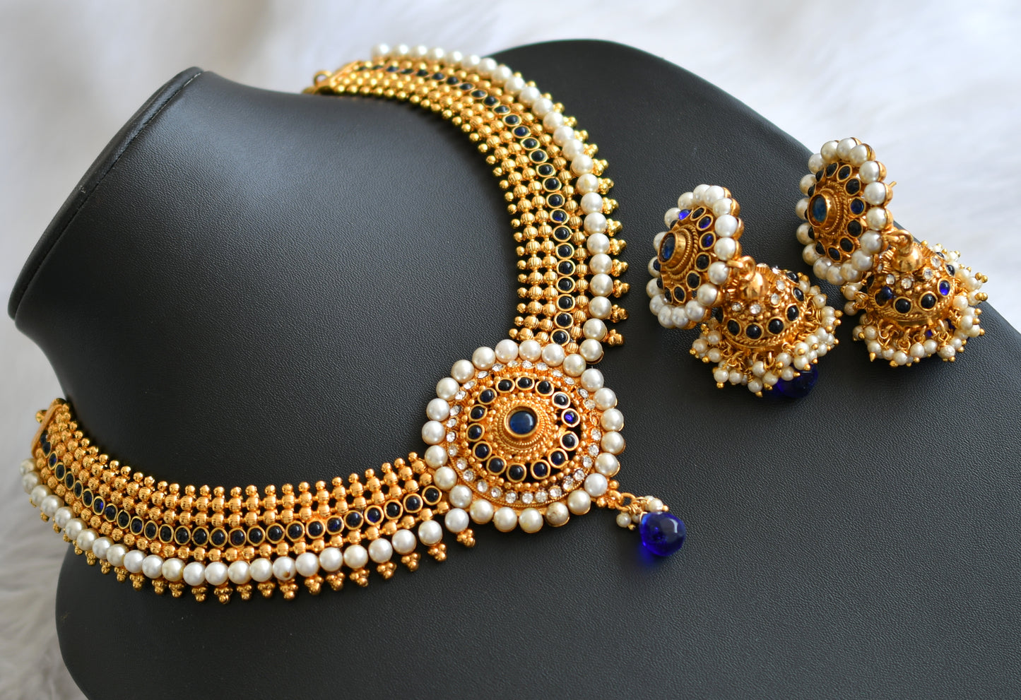 Antique gold tone blue pearl necklace set dj-02995