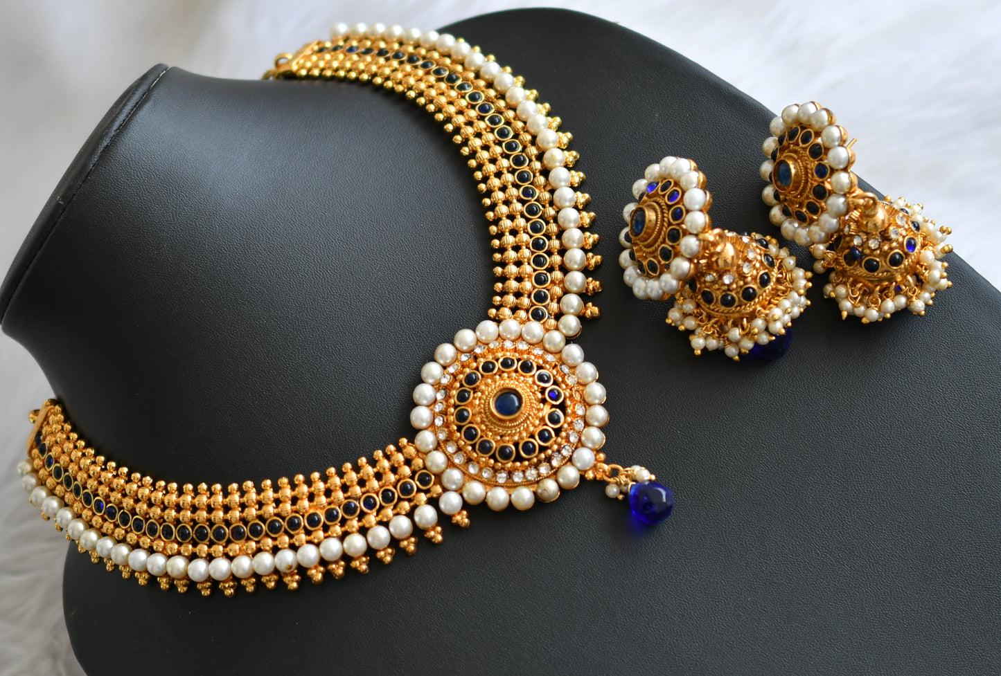 Antique gold tone blue pearl necklace set dj-02995