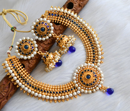 Antique gold tone blue pearl necklace set dj-02995