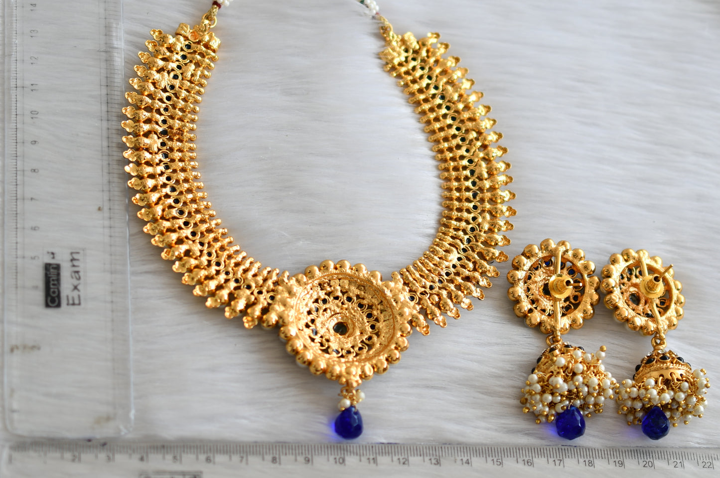 Antique gold tone blue pearl necklace set dj-02995