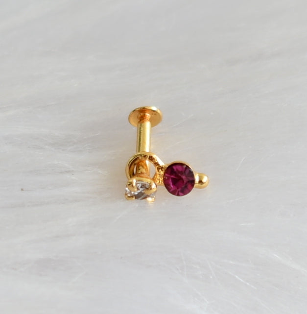 Gold tone white-pink stone nose pin with screw back dj-34881