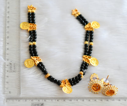 Gold tone Black Agate beaded Kemp-green Mango-lakshmi Coin Necklace Set DJ23035