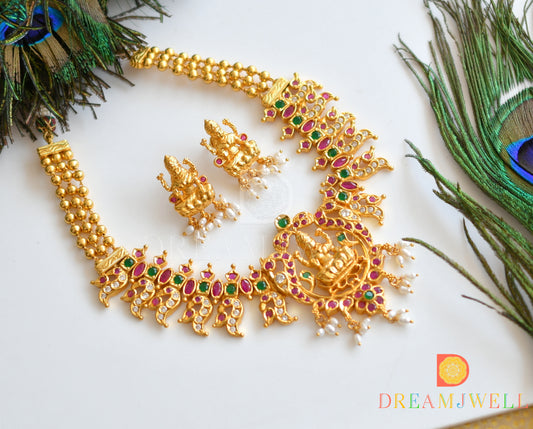 Gold Tone Ruby-emerald Lakshmi Necklace With Screw Type Earrings dj-08815