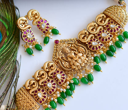 Matt Finish Real Kemp-green Lakshmi Peacock Choker Necklace Set dj-33023