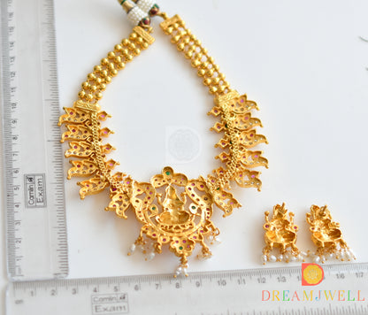 Gold Tone Ruby-emerald Lakshmi Necklace With Screw Type Earrings dj-08815