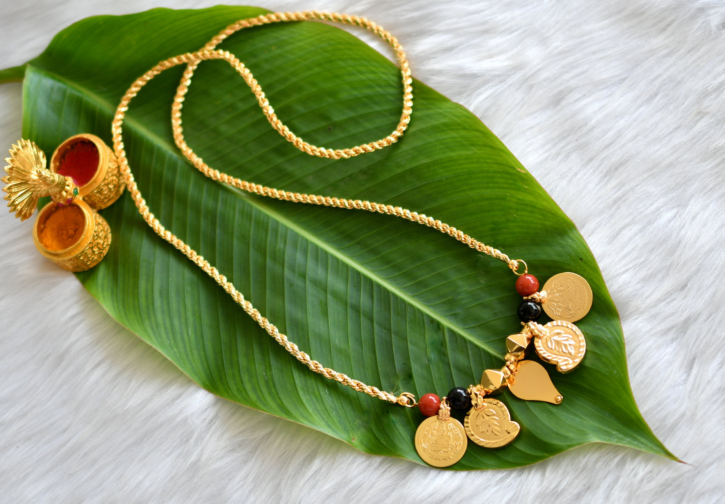 Gold tone black-coral beads Mango Lakshmi coin Elakka thali/Mangalyam dj-38970