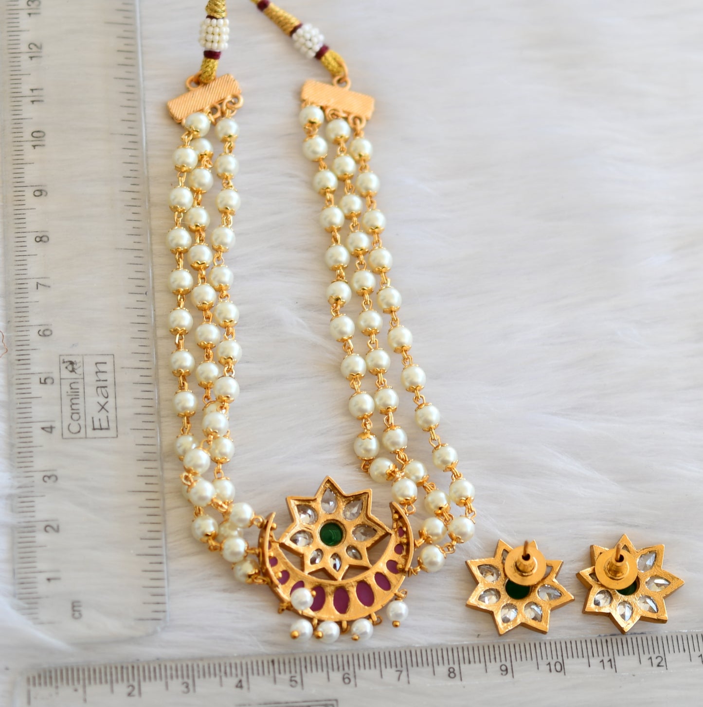 Matte finish ruby-emerald-white moon-flower pearl choker necklace set dj-40349