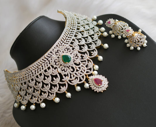 Two tone cz ruby-emerald grand choker necklace set dj-24634