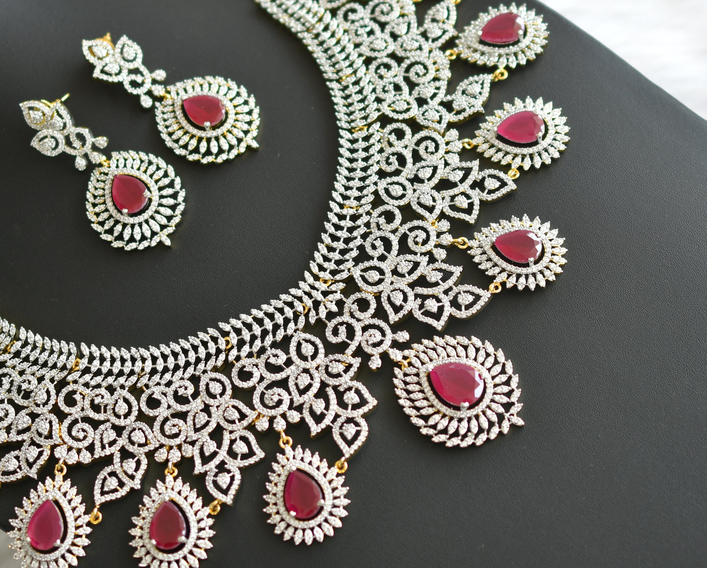 Two tone Diamond look alike CZ ruby necklace set dj-35875