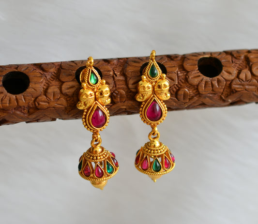 Antique gold tone kemp-green mango jhumkkas dj-04799