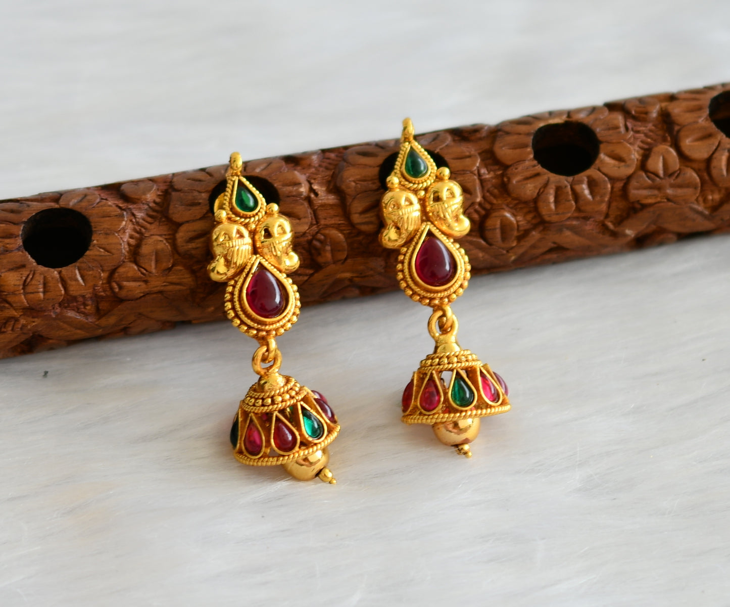 Antique gold tone kemp-green mango jhumkkas dj-04799