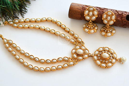 Antique gold tone double layer pearl necklace set dj-17568