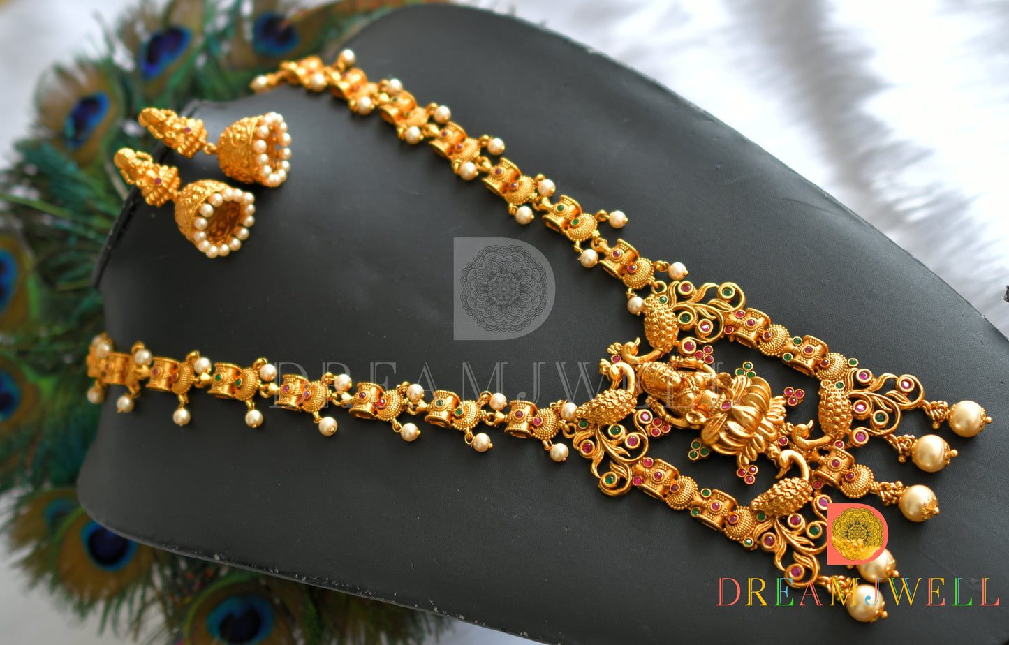 Matte finish ruby-emerald Lakshmi-peacock haar set dj-15174