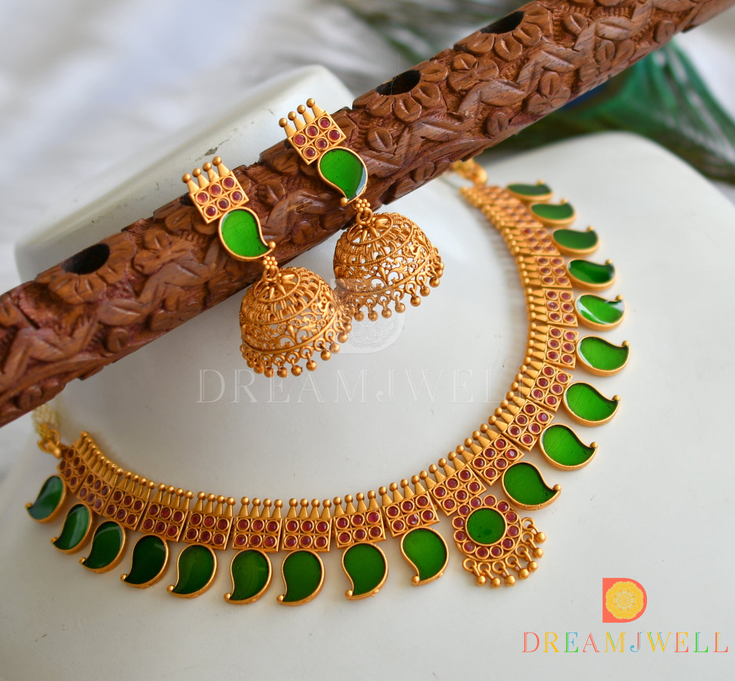 Matte finish pink-green mango Kerala style necklace set dj-38088