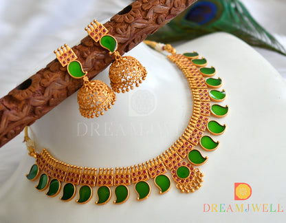 Matte finish pink-green mango Kerala style necklace set dj-38088