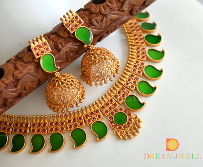 Matte finish pink-green mango Kerala style necklace set dj-38088