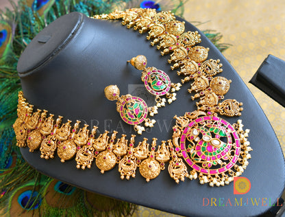 Antique gold tone pink-green-white kundan jadau Lakshmi-swan necklace dj-36580