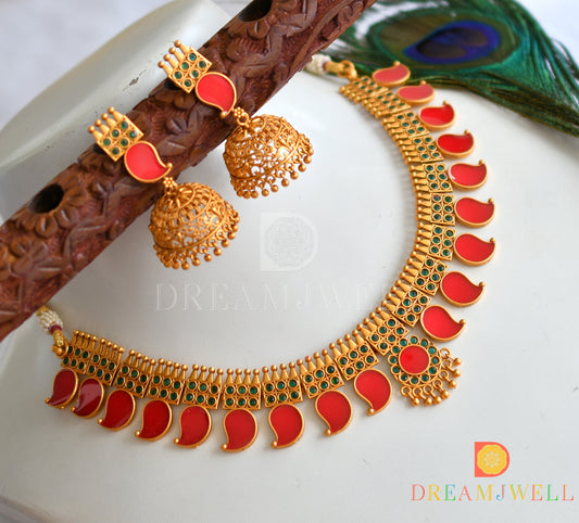 Matte finish red-green mango Kerala style necklace set dj-38089