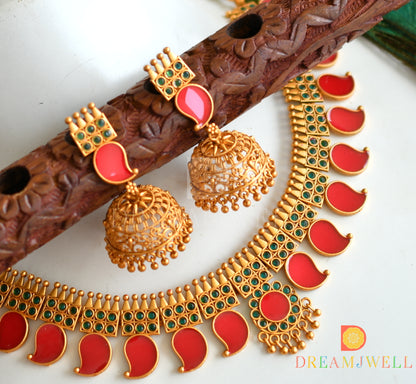 Matte finish red-green mango Kerala style necklace set dj-38089