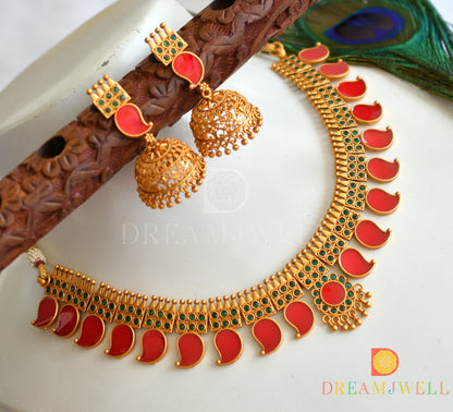 Matte finish red-green mango Kerala style necklace set dj-38089