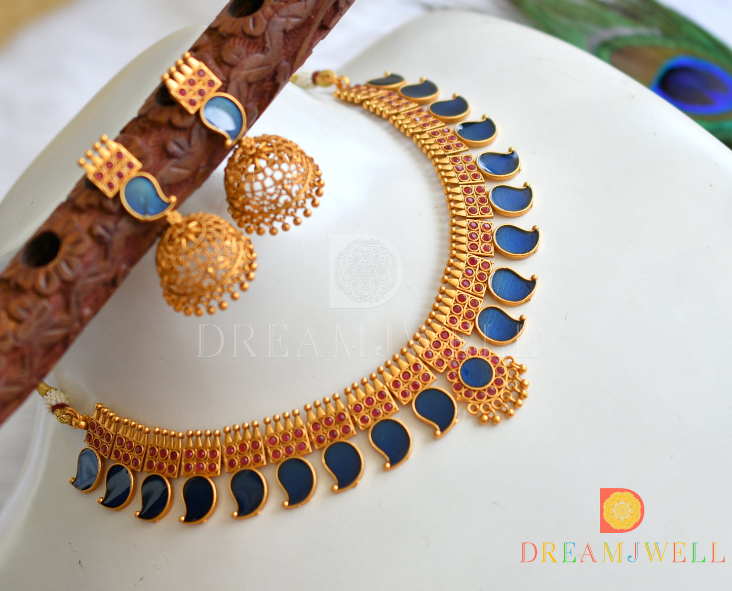Matte finish pink-blue mango Kerala style necklace set dj-38090