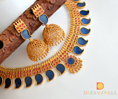 Matte finish pink-blue mango Kerala style necklace set dj-38090