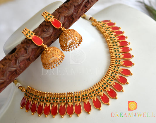 Matte finish green-red nagapadam Kerala style necklace set dj-38092