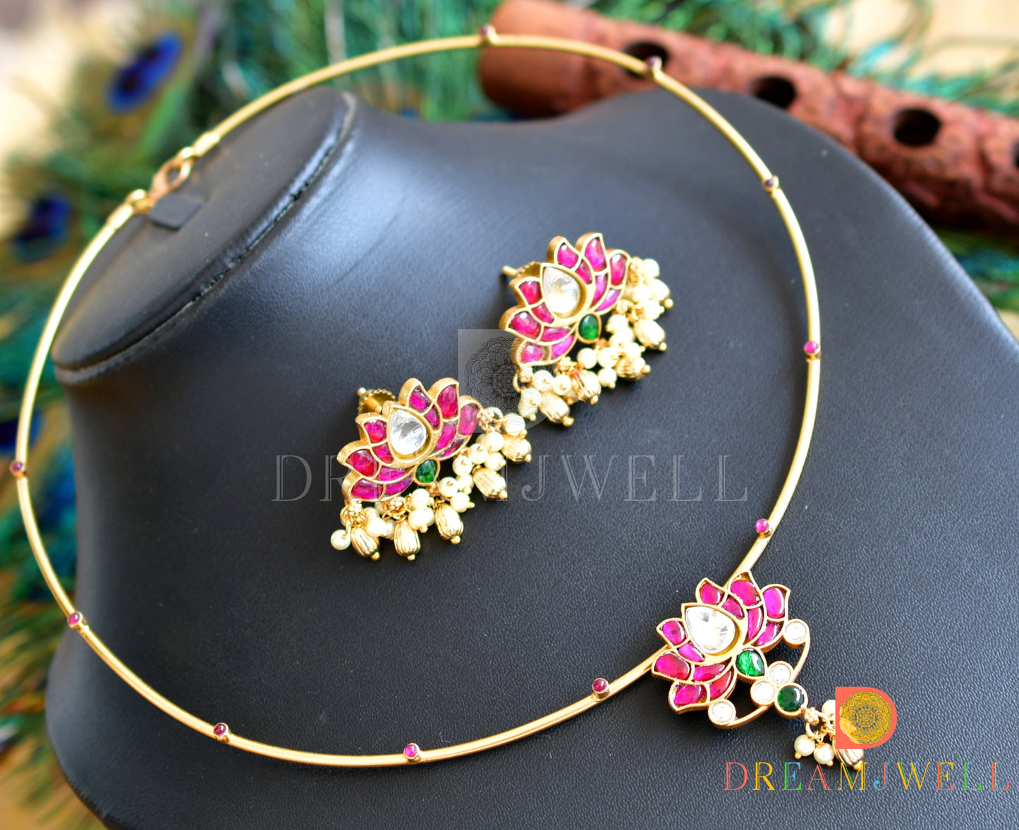 Gold tone Pink-green-white Kundan jadau Lotus Hasli necklace set dj-36563