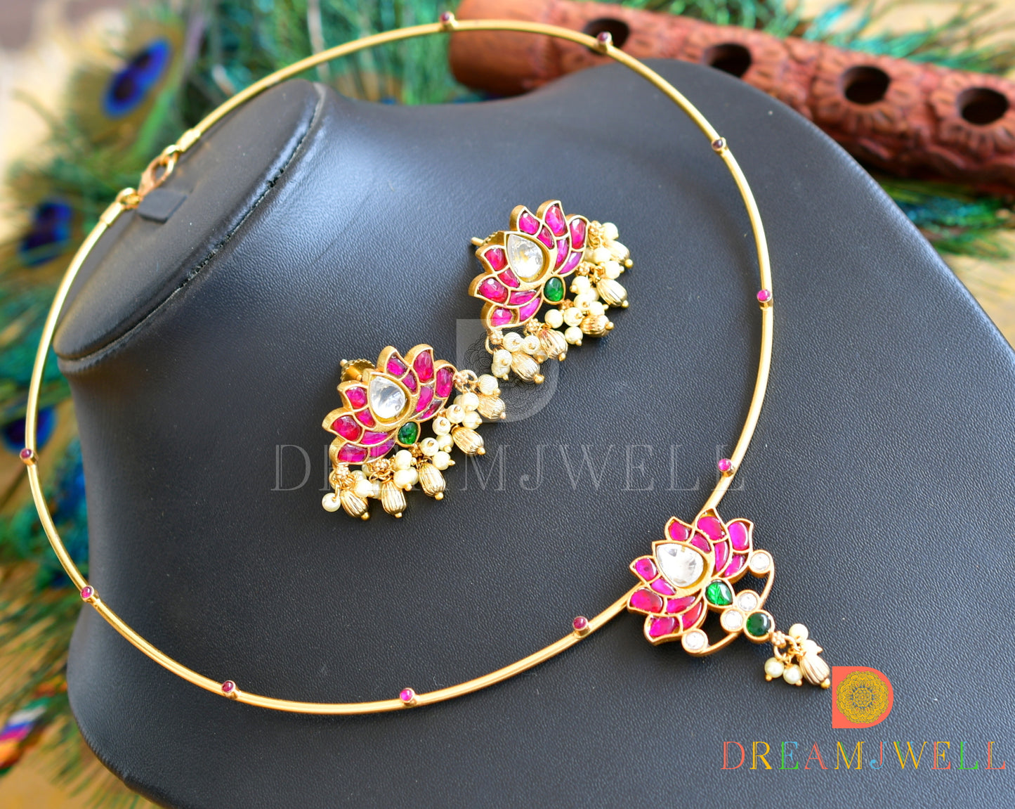 Gold tone Pink-green-white Kundan jadau Lotus Hasli necklace set dj-36563