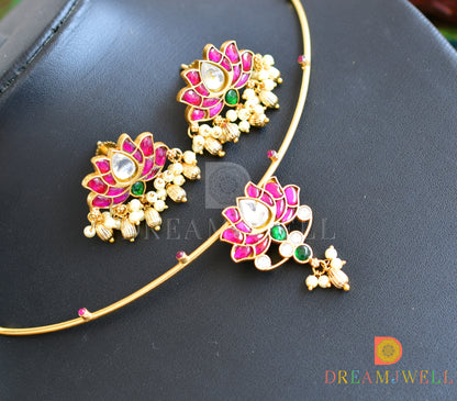 Gold tone Pink-green-white Kundan jadau Lotus Hasli necklace set dj-36563