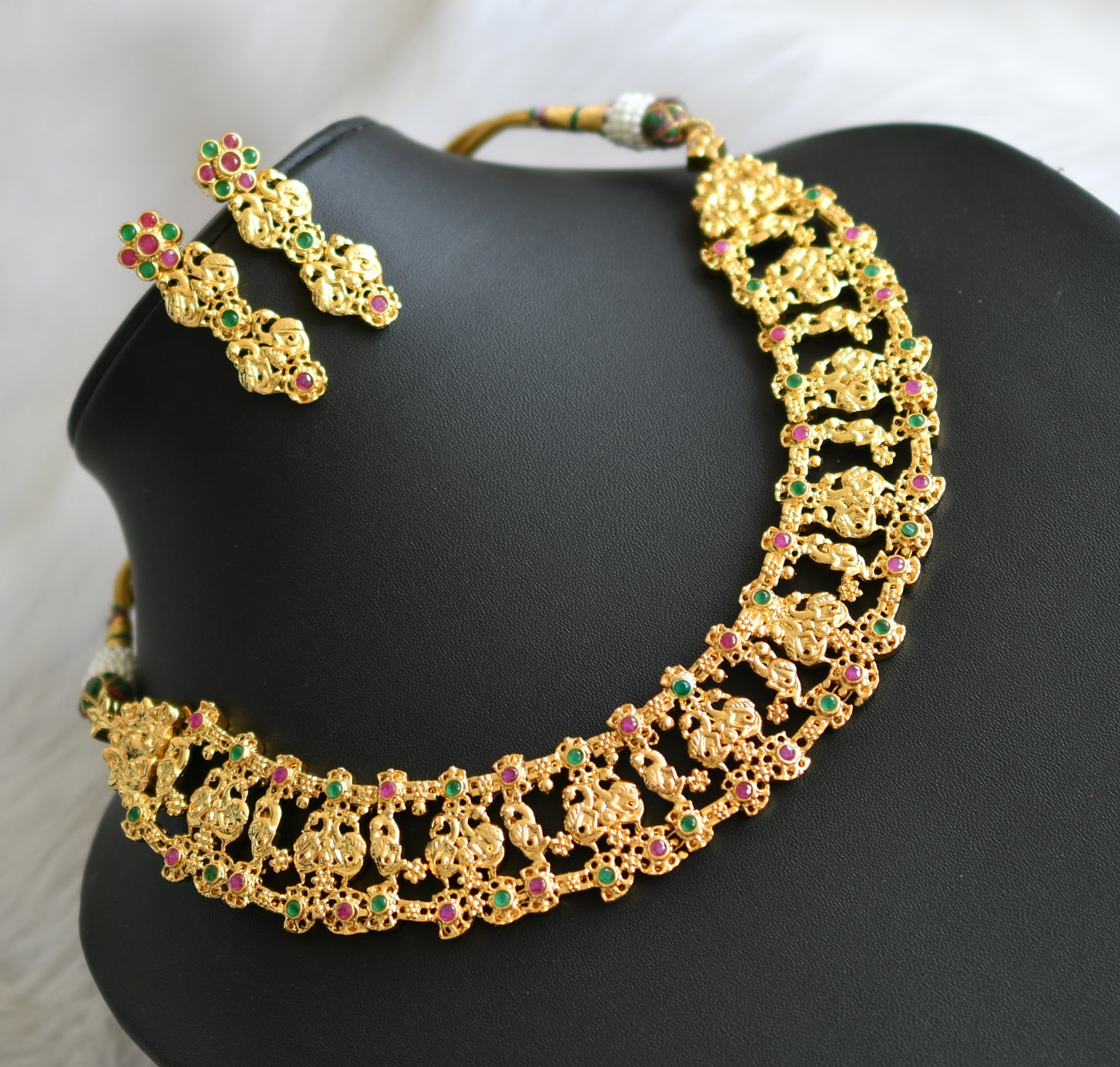 Gold tone ruby-emerald peacock necklace set dj-03249