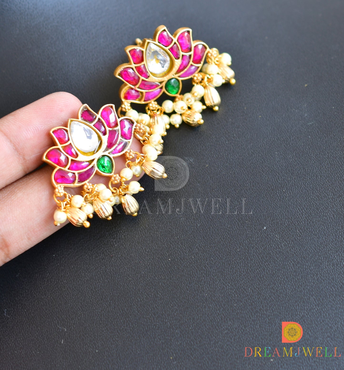 Gold tone Pink-green-white Kundan jadau Lotus Hasli necklace set dj-36563