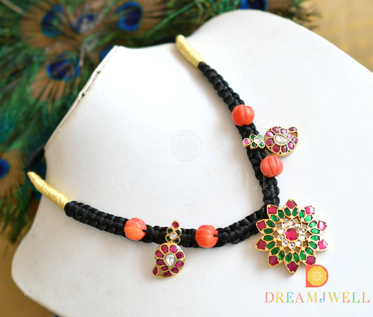 Gold tone pink-green-white kundan jadau flower-mango black silk thread necklace dj-36567