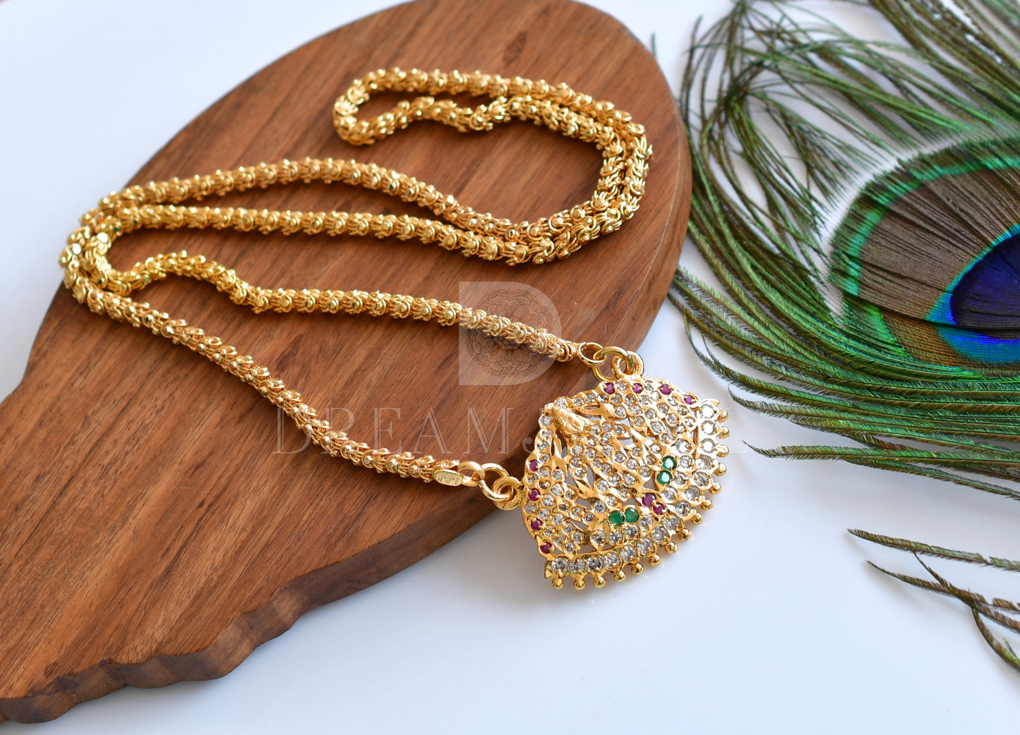 Gold Tone AD Ruby-green Lakshmi South Indian style Long Chain dj-25644