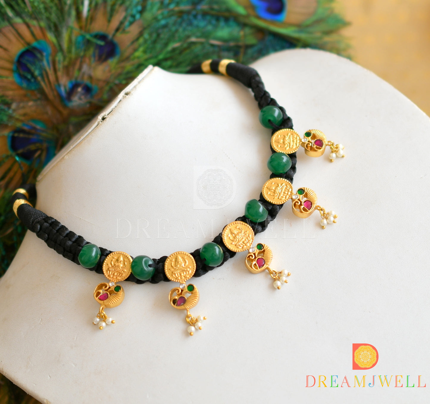 Gold tone pink-green Kundan jadau Lakshmi coin swan Black silk thread necklace dj-36569